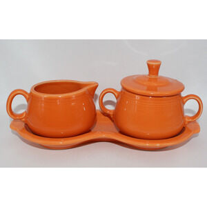 Homer Laughlin Ceramic Fiesta Tangerine 4 Pc Set Sugar Dish w/Lid Creamer & Tray